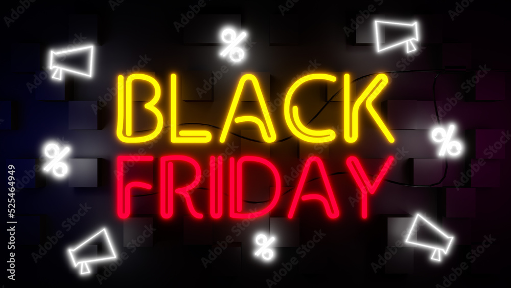 Black friday, neon sign of discount shopping day, banner, poster or flyer design, Template for advertising, web, social and icon megaphone with percentage icon on black background. 3d rendering