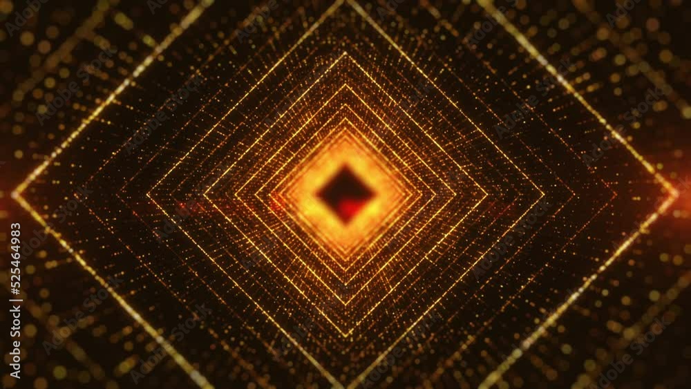 Tunnel seamless looped, Glowing particle moving forward, Gold square shape tunnel motion abstract background.