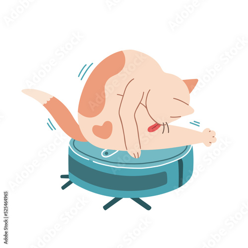 Cat on robot vacuum cleaner flat design vector