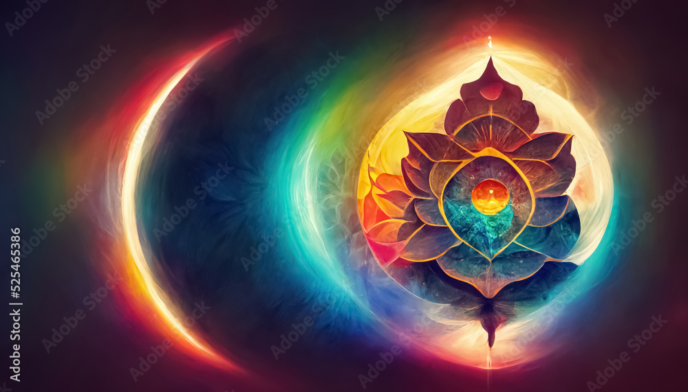Abstract design of multicolored chakra powerful energy. Chakra mandala flower. 3D illustration. - obrazy, fototapety, plakaty 