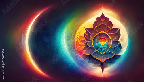 Abstract design of multicolored chakra powerful energy. Chakra mandala flower. 3D illustration. photo
