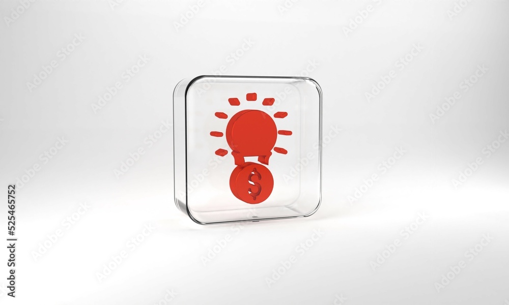 Red Light bulb with dollar symbol icon isolated on grey background. Money making ideas. Fintech innovation concept. Glass square button. 3d illustration 3D render