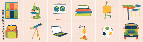 Set of school items in colorful flat line style. Microscope, telescope, ball, easel, books, equipment, map, bus, laptop, briefcase, desk, lockers. Study, education, lessons, trendy modern collection.