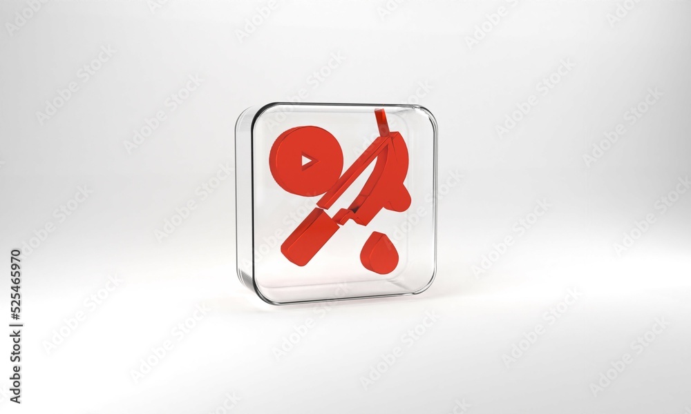 Red Thriller movie icon isolated on grey background. Bloody knife. Suspenseful cinema genre, survival horror. Shocking films with gore and violence. Glass square button. 3d illustration 3D render Red Thriller movie icon isolated on grey background. Bloody knife. Suspenseful cinema genre, survival horror. Shocking films with gore and violence. Glass square button. 3d illustration 3D render