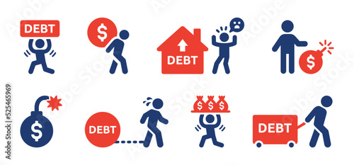Man having debt icon set. Bankruptcy symbol isolated on white background. Financial problem concept.