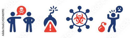 Threat icon set. Chemical, explosion warning and biohazard hazard symbol vector illusion.