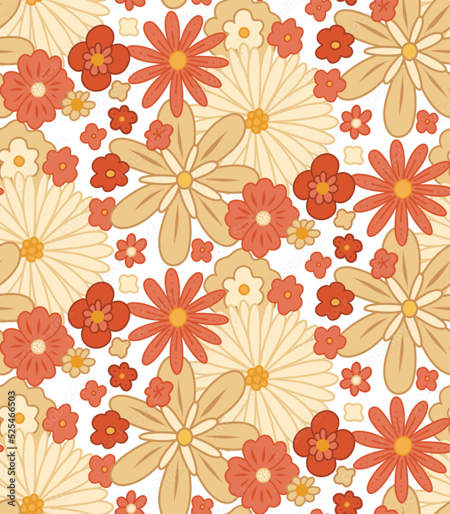 custom made wallpaper toronto digitalVector seamless retro pattern with dense groovy flowers. Ditsy hippie texture with different beige and coral flowers on white background.