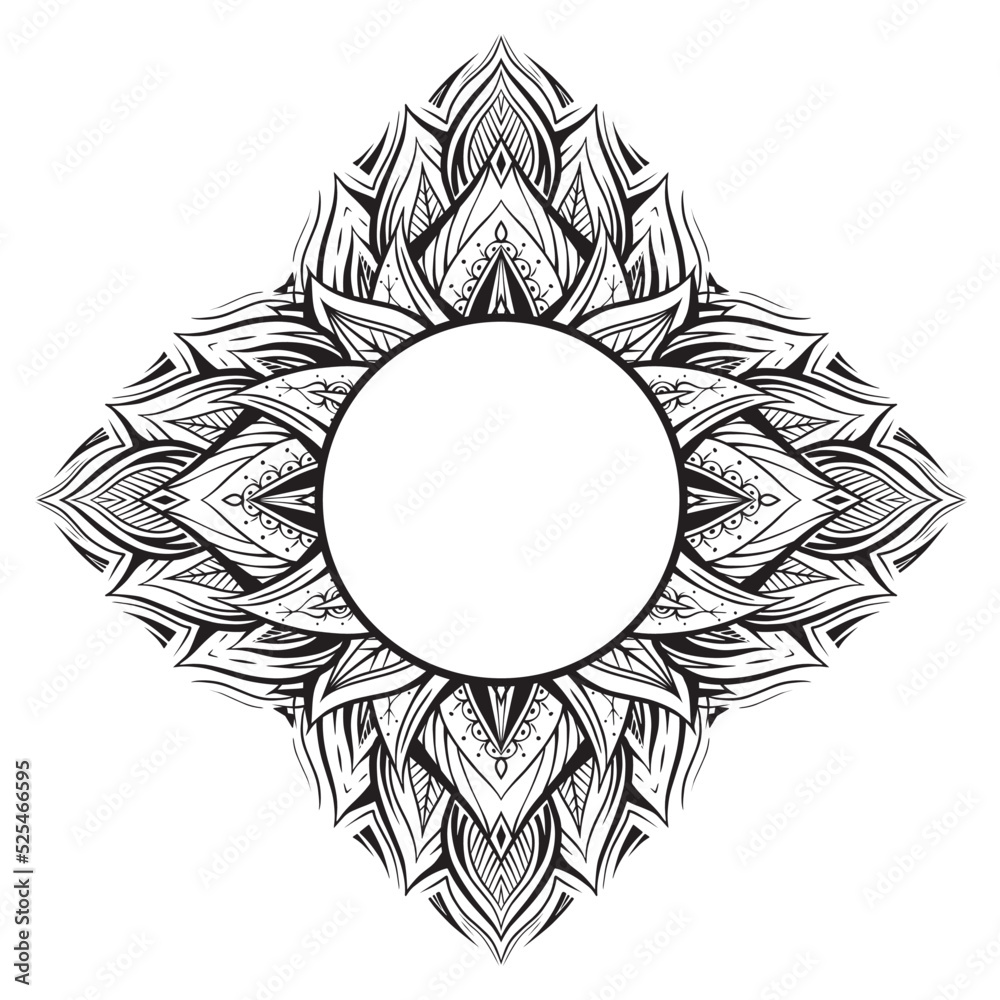 Vector sacred lotus frame with boho ornament and place for text. Monochrome border with water lily with tribal decoration and copy space. Vector sacred lotus frame with boho ornament and place for text. Monochrome border with water lily with tribal decoration and copy space.