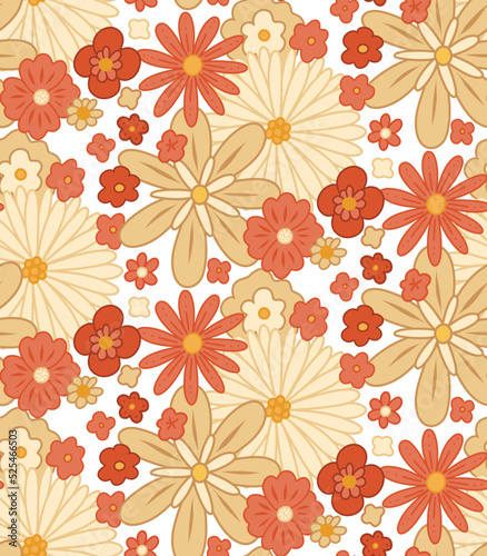Wallpaper Mural Vector seamless retro pattern with dense groovy flowers. Ditsy hippie texture with different beige and coral flowers on white background. Torontodigital.ca