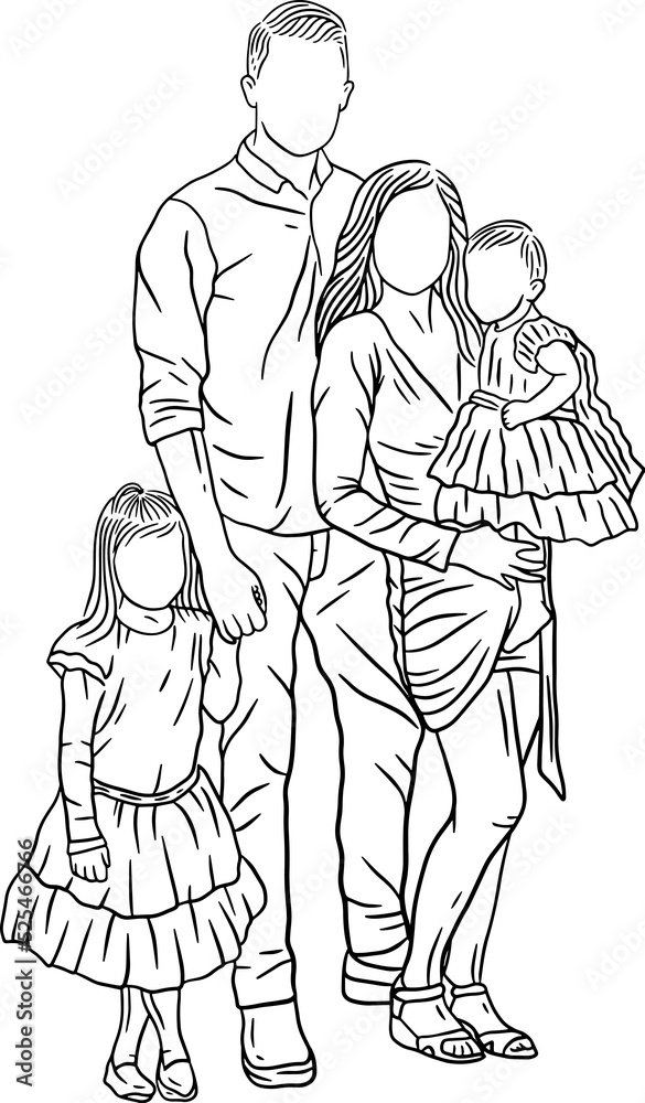 Family With Love Happy Wife and Husband With Baby and Child Line Art illustration