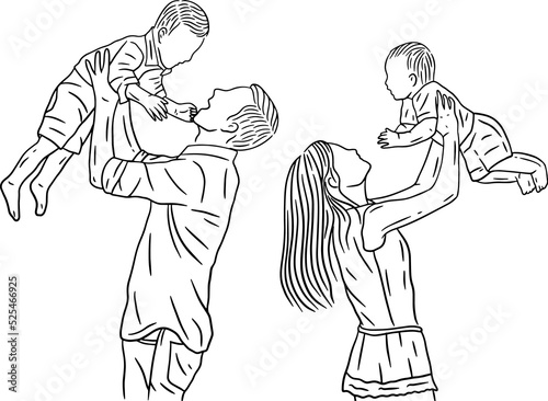 Family With Love Happy Wife and Husband With Baby and Child Line Art illustration