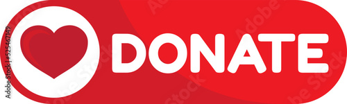 Donate web button. Red button with heart. Symbol of financial aid isolated on white background. Vector