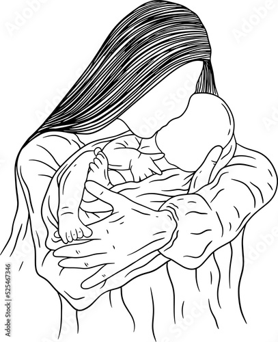 Happy family mother and baby born cute baby girl and child parent women power mama baby birth line art hand drawn style
