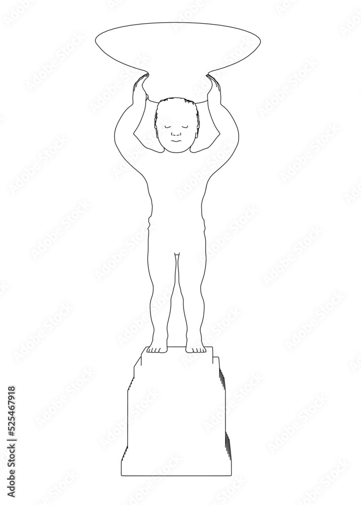 The contour of the sculpture of a boy holding a large bowl on his head from black lines isolated on a white background. Front view. Vector illustration. The contour of the sculpture of a boy holding a large bowl on his head from black lines isolated on a white background. Front view. Vector illustration.