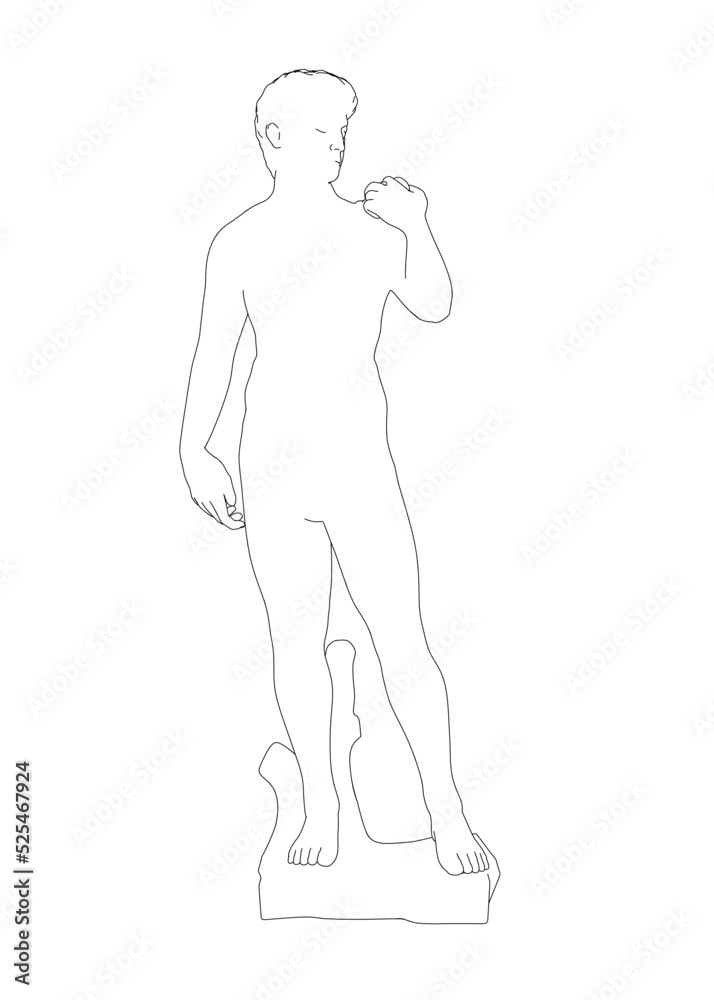 The outline of the statue of David from black lines isolated on a white background. Front view. Vector illustration. The outline of the statue of David from black lines isolated on a white background. Front view. Vector illustration.