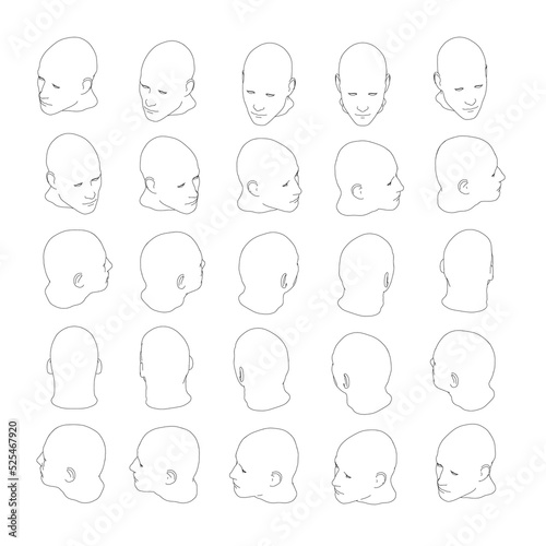 Set with contours of a man's head in different positions from black lines isolated on a white background. The head turns fifteen degrees. Isometric view. Vector illustration.
