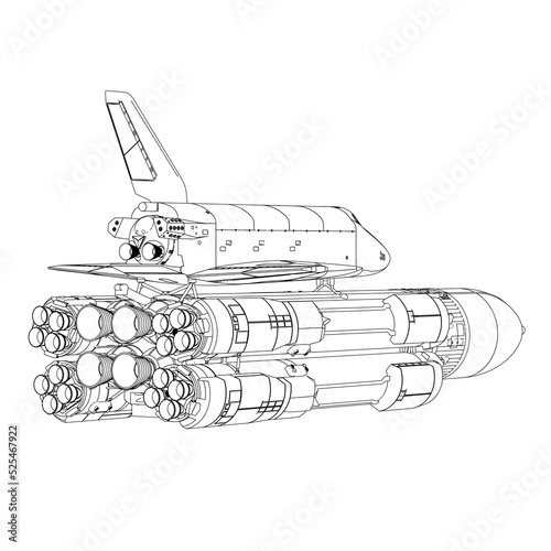 Outline of a rocket with a spaceship from black lines isolated on a white background. Back view. Vector illustration.