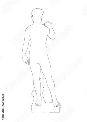 The outline of the statue of David from black lines isolated on a white background. Front view. Vector illustration.