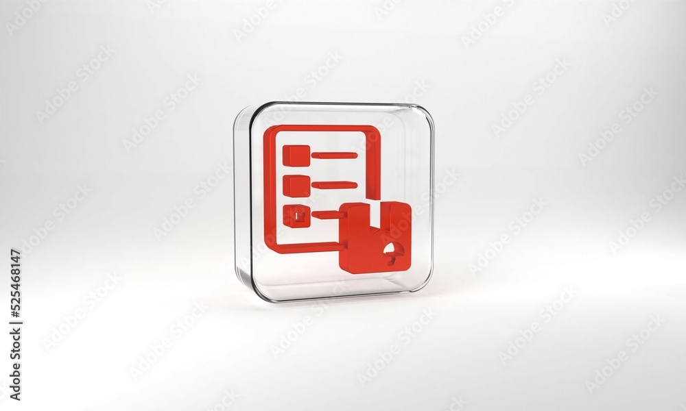 Red Verification of delivery list clipboard icon isolated on grey background. Glass square button. 3d illustration 3D render Red Verification of delivery list clipboard icon isolated on grey background. Glass square button. 3d illustration 3D render