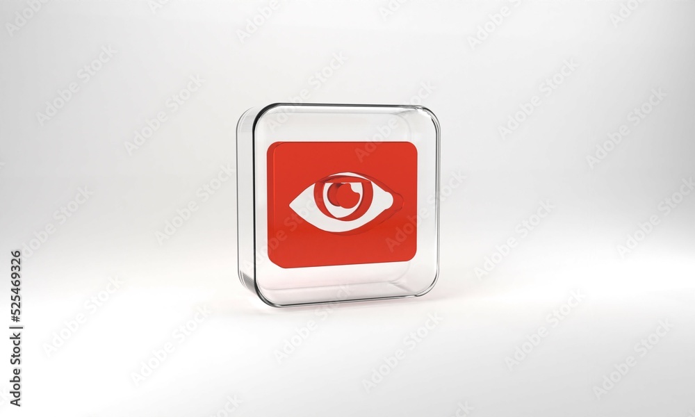 Red Red eye effect icon isolated on grey background. Eye redness sign. Inflammatory disease of eyes. Glass square button. 3d illustration 3D render Red Red eye effect icon isolated on grey background. Eye redness sign. Inflammatory disease of eyes. Glass square button. 3d illustration 3D render
