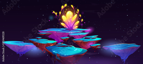 Fantasy flower on flying island platform. Vector illustration of magic pieces of land covered with ice floating in air, beautiful abstract plant on top. Cartoon cosmic background for adventure game ui