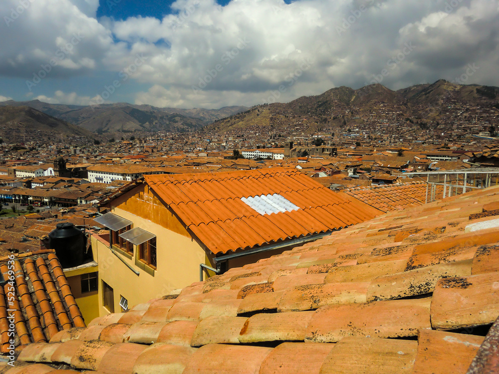 Clay tiles as roofs in a city in the Peruvian Andes. cusco-peru