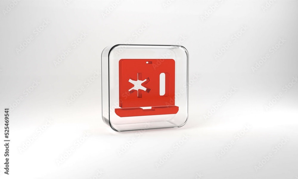 Red Medical clinical record on laptop icon isolated on grey background. Health insurance form. Medical check marks report. Glass square button. 3d illustration 3D render Red Medical clinical record on laptop icon isolated on grey background. Health insurance form. Medical check marks report. Glass square button. 3d illustration 3D render