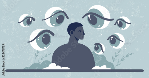 Fear of public speaking concept banner, schizophrenia and persecution mania, social media publicity. A man surrounded by eyes looking at him. Vector poster of psychotherapy and psychology. photo