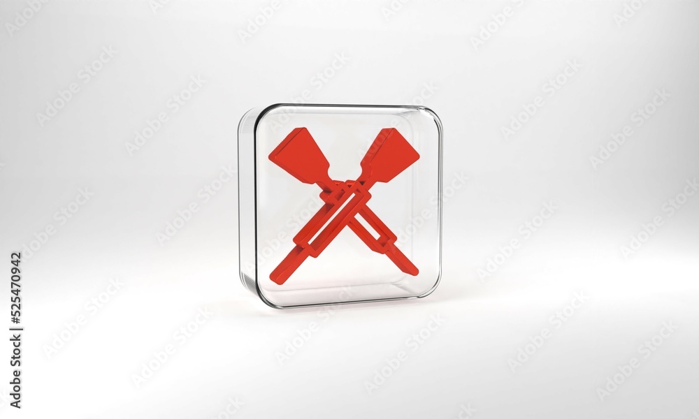 Red Crossed oars or paddles boat icon isolated on grey background. Glass square button. 3d illustration 3D render Red Crossed oars or paddles boat icon isolated on grey background. Glass square button. 3d illustration 3D render