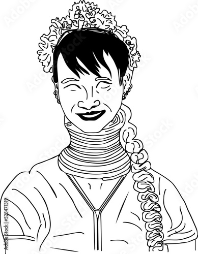 Cartoon doodle of Thailand's famous long neck tribe people, Karen long-neck women wear traditional brass neck coil sketch drawing, long neck lady silhouette illustration