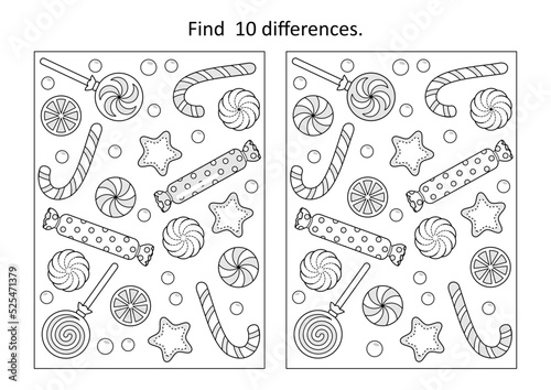 Find 10 differences visual puzzle and coloring page with winter holidays, New Year or Christmas candy and cookies 
