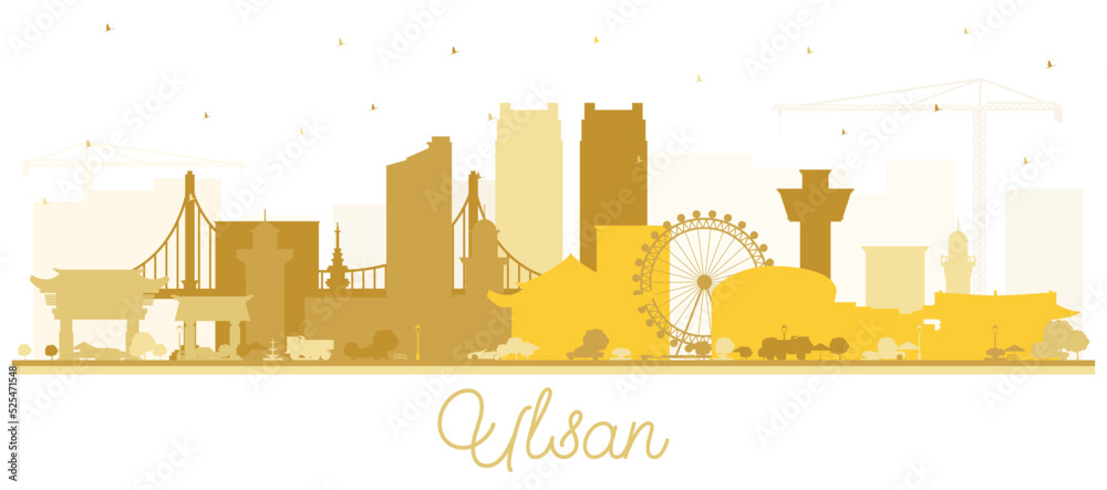 Ulsan South Korea City Skyline Silhouette with Golden Buildings Isolated on White.