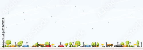 Pixel Art Landscape with Cars, Trees and Blue Sky. Panorama with City Elements and Copy Space.