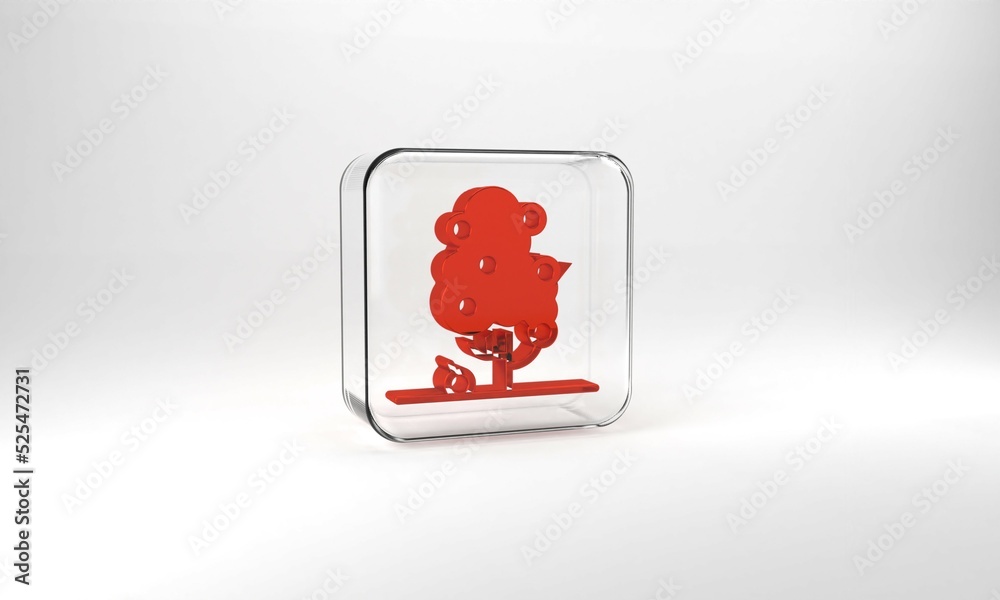 Red Fruit tree icon isolated on grey background. Agricultural plant. Organic farm product. Fruit garden. Gardening theme. Glass square button. 3d illustration 3D render Red Fruit tree icon isolated on grey background. Agricultural plant. Organic farm product. Fruit garden. Gardening theme. Glass square button. 3d illustration 3D render