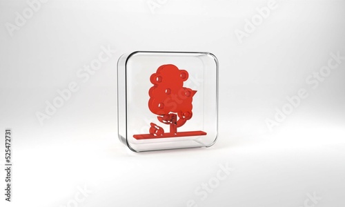 Red Fruit tree icon isolated on grey background. Agricultural plant. Organic farm product. Fruit garden. Gardening theme. Glass square button. 3d illustration 3D render