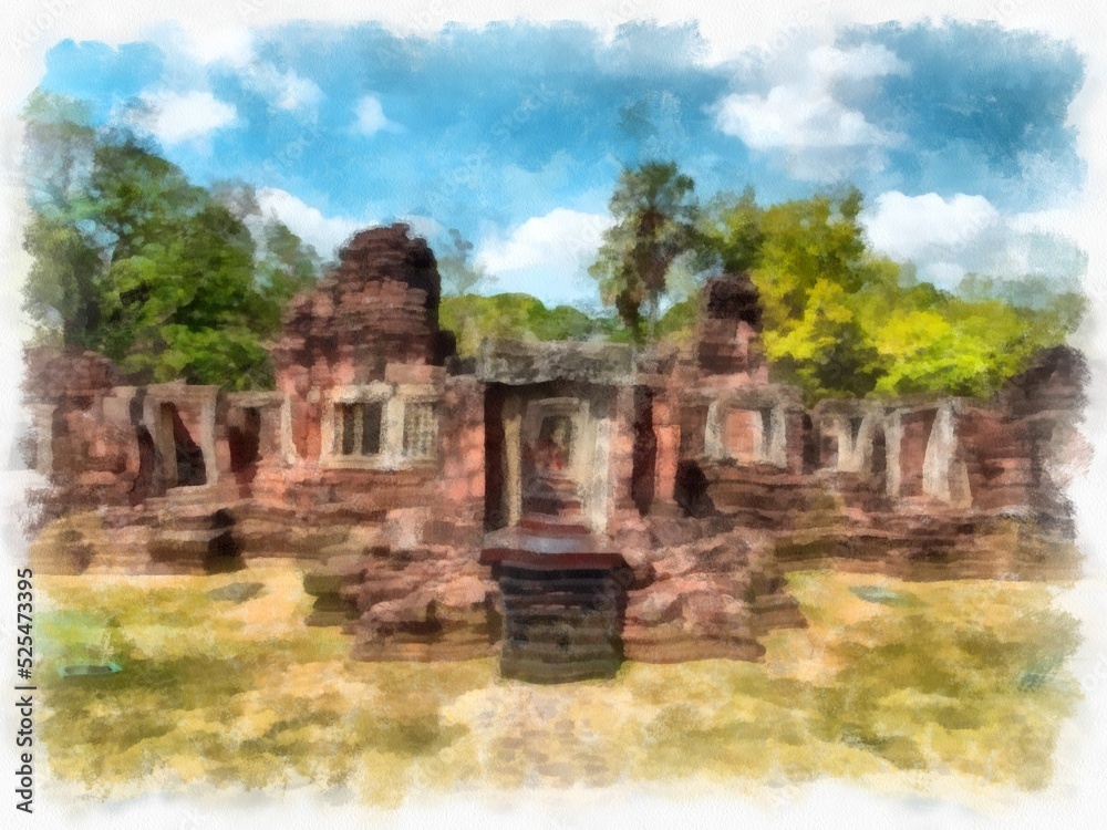 Naklejka premium Ancient stone castle and ancient pattern art in Thailand watercolor style illustration impressionist painting.