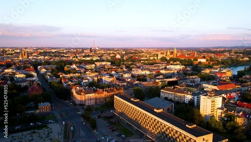 Aerial panorama of Krakow city center during golden hour photo