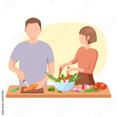 The couple is cooking. Family. Healthy nutrition. Cartoon design.