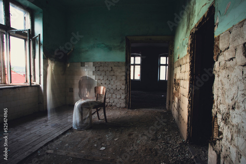 Принти на полотні Scary ghost woman in haunted house