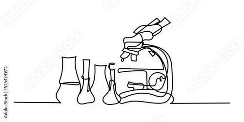 continuous line laboratory.line art drawing of microscope and laboratory bottles