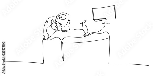 continuous line of men and women watching television. line art of young people relaxing in the tv room