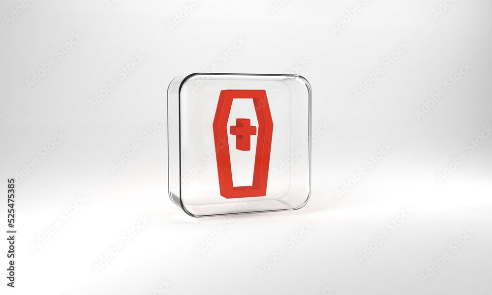 Red Coffin with christian cross icon isolated on grey background. Happy Halloween party. Glass square button. 3d illustration 3D render Red Coffin with christian cross icon isolated on grey background. Happy Halloween party. Glass square button. 3d illustration 3D render