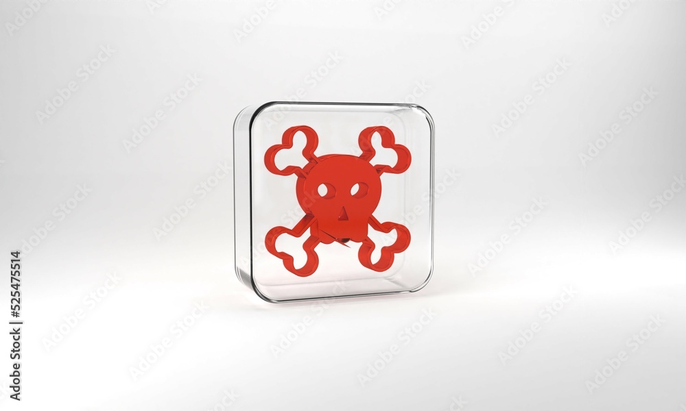 Red Skull on crossbones icon isolated on grey background. Happy Halloween party. Glass square button. 3d illustration 3D render Red Skull on crossbones icon isolated on grey background. Happy Halloween party. Glass square button. 3d illustration 3D render