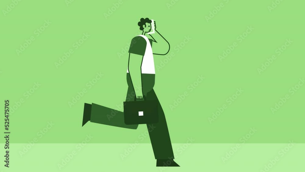 Green Style Man with Briefcase Flat Character Running Cycle with Mobile Phone Call. Isolated Loop Animation with Alpha Channel Green Style Man with Briefcase Flat Character Running Cycle with Mobile Phone Call. Isolated Loop Animation with Alpha Channel
