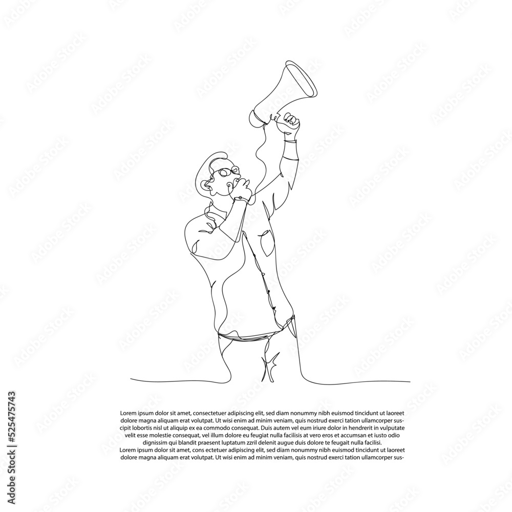 Obraz premium continuous line of protesters carrying loudspeakers. line drawing of political lawsuit