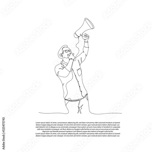 continuous line of protesters carrying loudspeakers. line drawing of political lawsuit