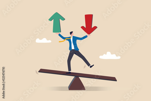 Loss and gain on investment, earning, profit or lose money from stock or crypto trade, financial green and red arrow chart concept, businessman investor balance on seesaw holding loss and gain arrow.