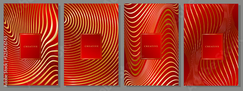 Red and gold luxury cover design. Modern brochure, wavy motif, distort golden lines on gradient background.