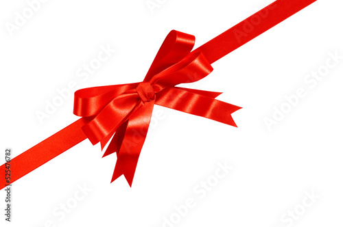 Diagonal red gift ribbon bow isolated transparent background photo PNG file