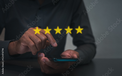 Customer review satisfaction feedback survey concept, User give rating to service experience on online application, Customer can evaluate quality of service leading to reputation ranking of business.
